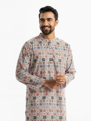 Mens semi-fitted panjabi in cotton fabric. Mandarin collar and inseam pockets.