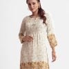 Printed A-line kameez in crepe fabric. Stand collar, three-quarter sleeved and karchupi at the button placket.