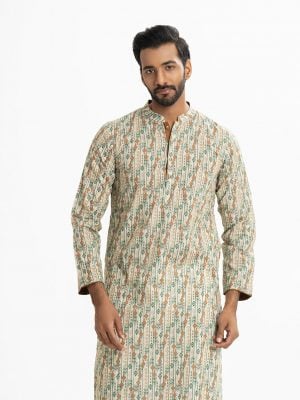 Men's slim-fitted panjabi in printed cotton fabric. Mandarin collar and inseam pockets.