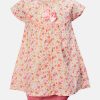 Short sleeve tent-style newborn baby girls frock in cotton fabric. All-over floral printed with lace work at the front and button fastening. Completed with baby pants.