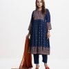 Printed frock style salwar kameez in georgette fabric. Three quarter bell sleeved and karchupi at front. Half-silk dupatta with viscose pant style pajamas.