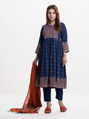 Printed frock style salwar kameez in georgette fabric. Three quarter bell sleeved and karchupi at front. Half-silk dupatta with viscose pant style pajamas.