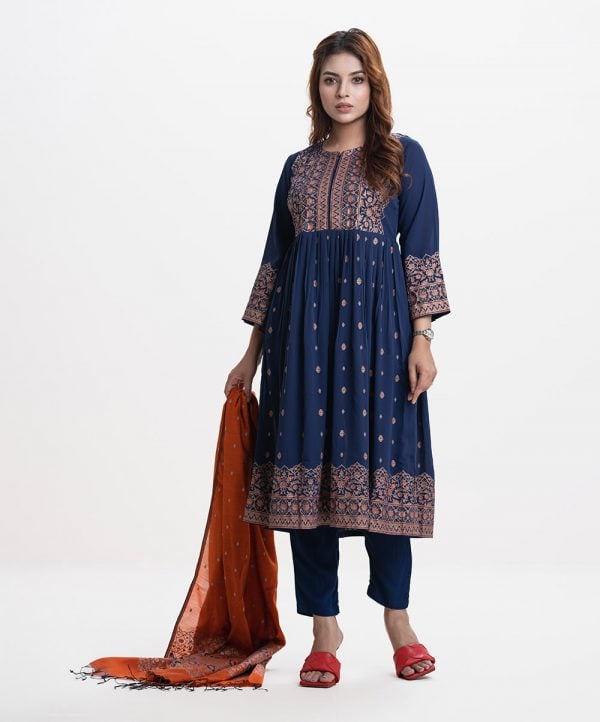 Printed frock style salwar kameez in georgette fabric. Three quarter bell sleeved and karchupi at front. Half-silk dupatta with viscose pant style pajamas.