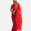 Women's traditional saree in cotton fabric. Embellished with weaving details and fringe trim at the achal.