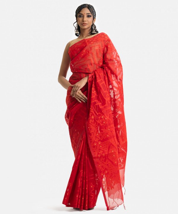 Women's traditional saree in cotton fabric. Embellished with weaving details and fringe trim at the achal.
