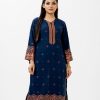 Printed straight kameez in viscose fabric. Three quarter bell sleeved, mandarin neck and karchupi at front.