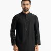 Men's semi fitted panjabi in Jacquard fabric. Karchupi with embroidery at mandarin collar with metal buttons placket.