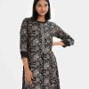 Printed A-line kameez in crepe fabric. Stand collar, three-quarter sleeved and karchupi at the button placket.