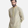 Men's slim fitted panjabi in jacquard cotton fabric. Embroidery at mandarin collar and placket. Inseam pockets.