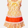 Sleeveless tent-style newborn baby girls frock in cotton fabric. All-over floral printed with lace work at the waistline and hemline. and attached ribbon bow. Completed with baby pants.