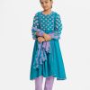 Kid girls printed A-line salwar kameez in viscose fabric. Round neck with contrast lace, three-quarter with bell-sleeved. Embroidery at the top front. Completed with pant pajama and tie-dye chiffon dupatta.