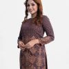 Women's floral printed straight kameez in crepe fabric. Boat neck, full-sleeved, and karchupi at the front.