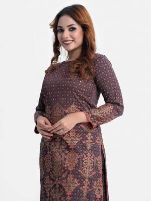 Women's floral printed straight kameez in crepe fabric. Boat neck, full-sleeved, and karchupi at the front.