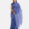 Women's traditional saree in cotton fabric. Embellished with weaving details and fringe trim at the achal.