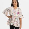 Kids girls A-line polka dot printed tiered pattern tunic in georgette fabric. Round neck, bell-sleeved and attached patch at the top front.