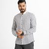 Men's stripe printed casual shirt in ramie cotton fabric. Mandarin collar and long cuff-sleeved.