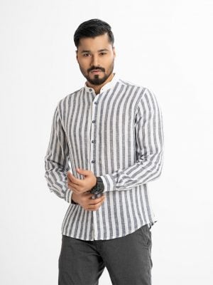 Men's stripe printed casual shirt in ramie cotton fabric. Mandarin collar and long cuff-sleeved.