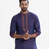 Men's slim-fitted panjabi in jacquard cotton fabric. Embroidery at mandarin collar with metal buttons on the placket.