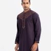 Men's slim fitted panjabi in Jacquard fabric. Mandarin collar with embroidery and karchupi and inseam pockets