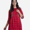 Women's ethnic printed frock style long tunic in crepe fabric. Mock neck and three-quarter sleeves. Box pleats at the side of the waistline. Karchupi at the front and sleeve.