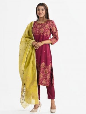 Women's all-over printed straight salwar kameez in crepe fabric. Boat neck, three-quarter sleeves and karchupi at the front of the kameez. With a Half-silk dupatta and pant style pajamas.