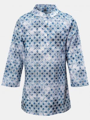 Newborn baby boys printed panjabi in cotton fabric. Mandarin collar and inseam pockets.
