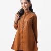 A-line women's shirt in printed georgette fabric. Full sleeved, band neck with metal button opening.