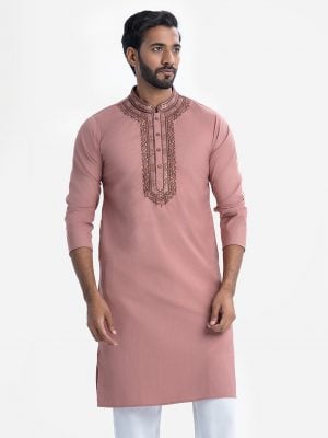 Men's semi fit panjabi in cotton blended fabric. Embroidery and karchupi at the mandarin collar and metal buttons placket.