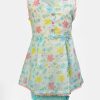 Sleeveless tent-style newborn baby girls frock in cotton fabric. All-over floral printed with lace work at hemline and sleeves. round neck with V-cut and button fastening at the front. Completed with baby pants.