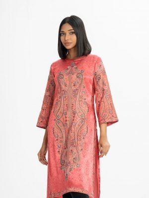 Women's exclusive floral printed straight kameez in Nargisus by Le Reve. Mock neck, bell sleeves kameez in georgette fabric. Patch and karchupi at front and sleeves.