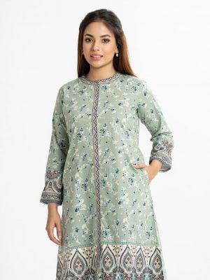 Women's floral printed A-line long tunic in cotton fabric. Stand collar and full sleeves. Lace attached at front hemline and sleeves. Inseam pockets.