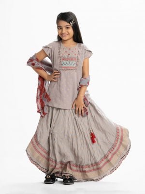 Kid girls printed ghagra choli set in viscose fabric. Round neck, short-sleeved top with karchupi at the front. Tie-dye chiffon dupatta with a printed skirt.