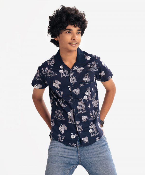 Navy Blue Cotton Hawaiian Casual Shirt
