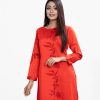 Women's straight kameez in crepe fabric. Boat neck, full sleeves. Embroidery with floral and geometric print detail at the front half side and sleeves hemline.