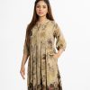 Printed A-line tunic in satin fabric. Stand collar, long puff sleeved. Gathered at the waistline and karchupi at the hemline.