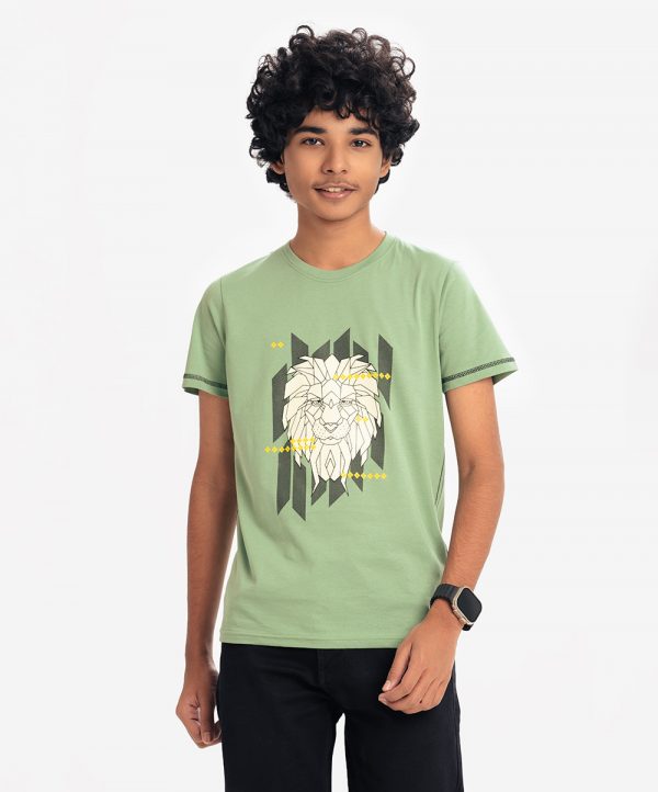 Teen boys short-sleeved T-shirt in cotton single jersey fabric. Crew neck and lion print at front.