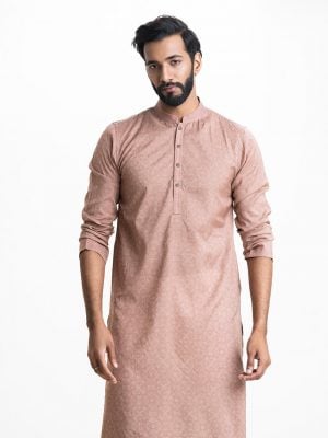Men's all over printed slim fitted panjabi in cotton fabric. Mandarin collar, full sleeves. Inseam pockets.