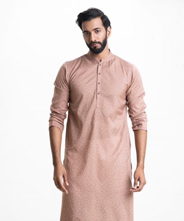 Men's all over printed slim fitted panjabi in cotton fabric. Mandarin collar, full sleeves. Inseam pockets.