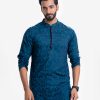 Men's fitted panjabi in Jacquard cotton fabric. Mandarin collar with hidden button placket and inseam pockets.