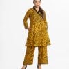 Retro wrap style top bottom set in printed viscose fabric. Lace attach at V-neck with wrap and full sleeves. Palazzo pants as the bottom.