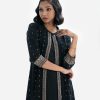 Front single button opening with karchupi work, stand collar, three-quater sleeved, printed georgette fabric shrug with crepe fabric attach tunic.