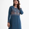 Printed straight kameez in georgette fabric. Stand collar, full sleeved and embroidery at the front