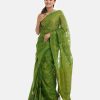 Women's traditional saree in cotton fabric. Embellished with weaving details and fringe trim at the achal.