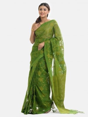 Women's traditional saree in cotton fabric. Embellished with weaving details and fringe trim at the achal.