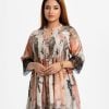 Printed A-line tunic in blended cotton fabric. Stand collar, three-quarter sleeved. Smock at the front and lace attachment at the hemline and sleeve.