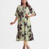 Women's flared style maxi in printed georgette fabric. V-neck with frill placket and kimono sleeves.