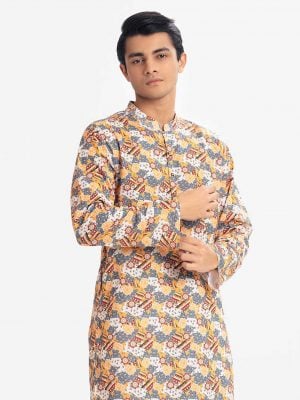 Men's semi-fitted panjabi in printed cotton fabric. Mandarin collar and inseam pockets.