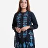 Women's shirt style tunic in viscose fabric. Mock neck, full-sleeved. Floral print and karchupi at the front.