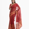 Women's all over printed saree in cotton fabric. Embellished with embroidery and fringe trim at the achal.