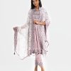 Women's printed layer style Salwar Kameez in georgette fabric with zoom fabric inner. Round neck, three-quarter sleeves and karchupi at the front of kameez. Georgette dupatta with pant-style pajamas.